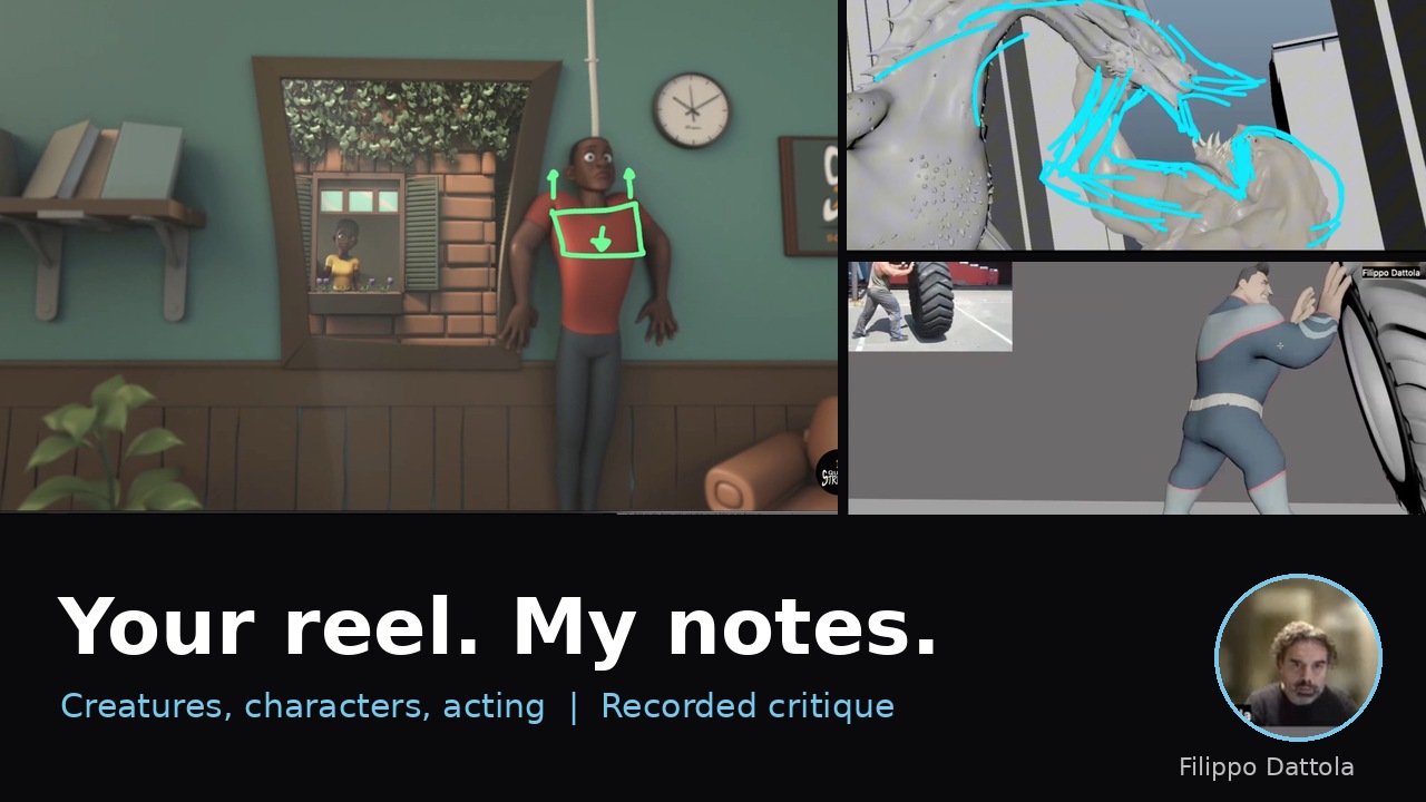 Animation reel review with draw-over notes on creature and character animation shots